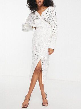 NWT ASOS Edition White Broderie Cotton Wrap Midi Dress Size 0